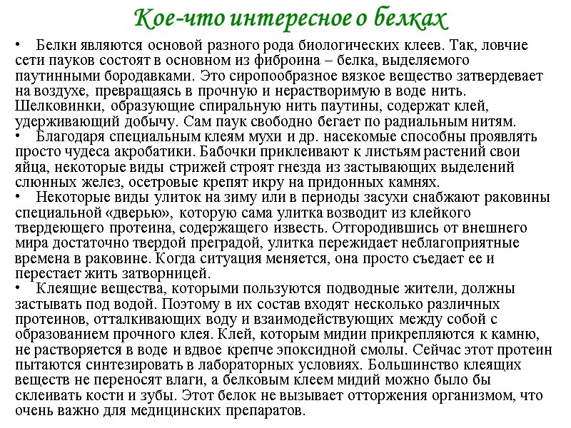 Кое-что интересное о белках Белки являются основой разного рода биологических клеев. Так, Кое-что интересное о белках Белки являются основой разного рода биологических клеев. Так,